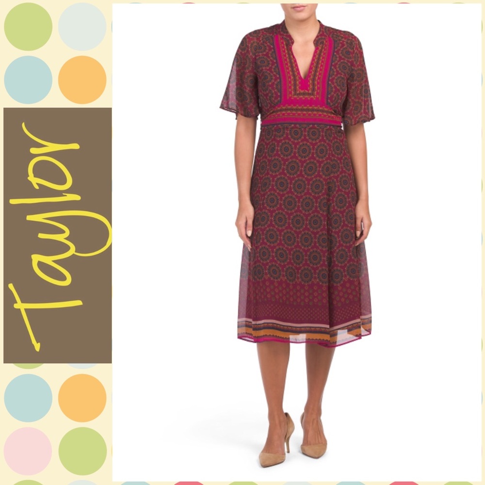 Taylor Cranberry Printed Chiffon Midi Dress 🆕
